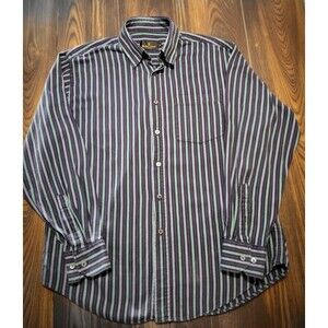 Bugatchi Uomo Shirt Men's M Dress Striped Button Down Shirt Navy, Teal and Pink